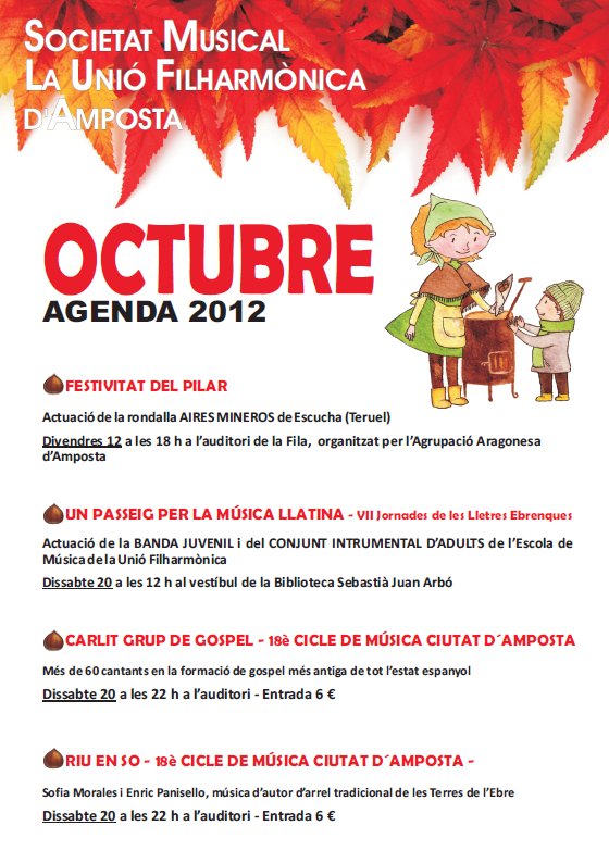 Societat Musical La Uni Filharmnica dAmposta > Arxiu de notcies > AGENDA DACTIVITATS OCTUBRE 2012